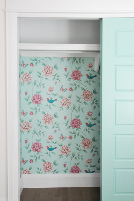 Floral green and pink wallpaper closet