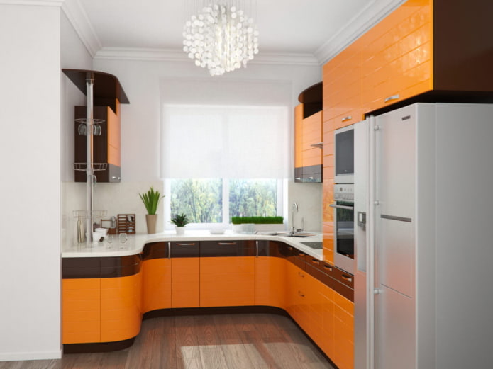 шторы в интерьере кухни в оранжевых тонах