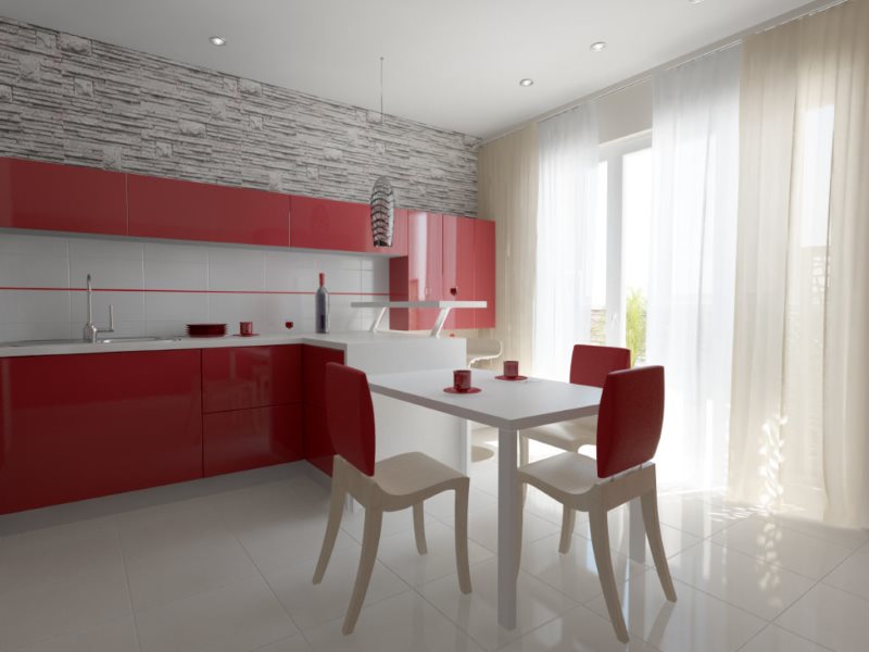 Белый пол в кухне с бордовой мебелью