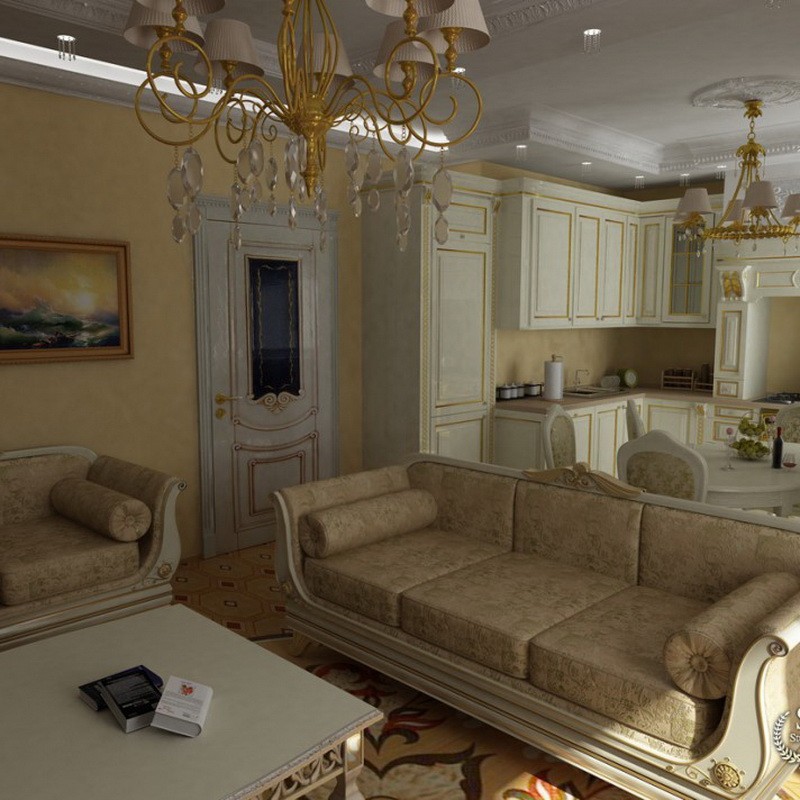 Прямой диван в кухне-гостиной классического стиля