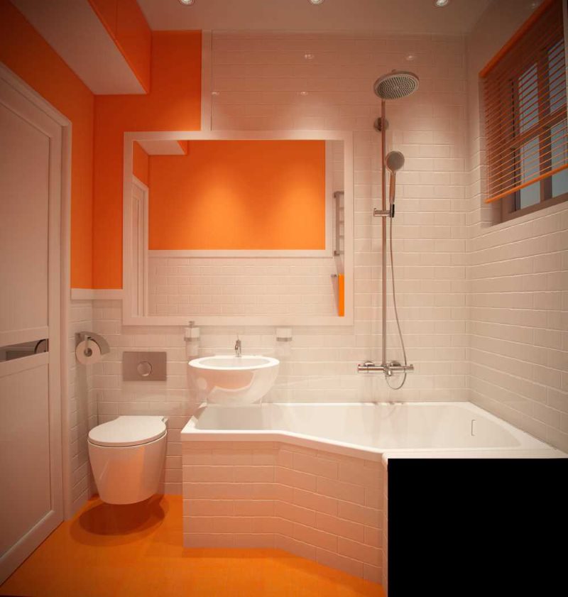 Оранжевый цвет в интерьере компактной ванной комнаты