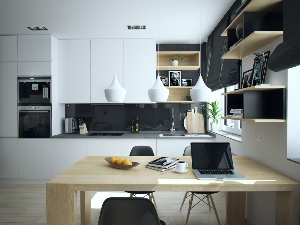 Интерьер маленькой квартиры в контрастных тонах - кухня
