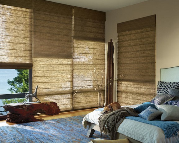 бамбуковые жалюзи в современной спальне