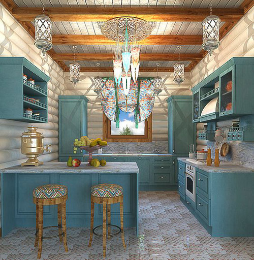 голубая кухня в стиле кантри фото