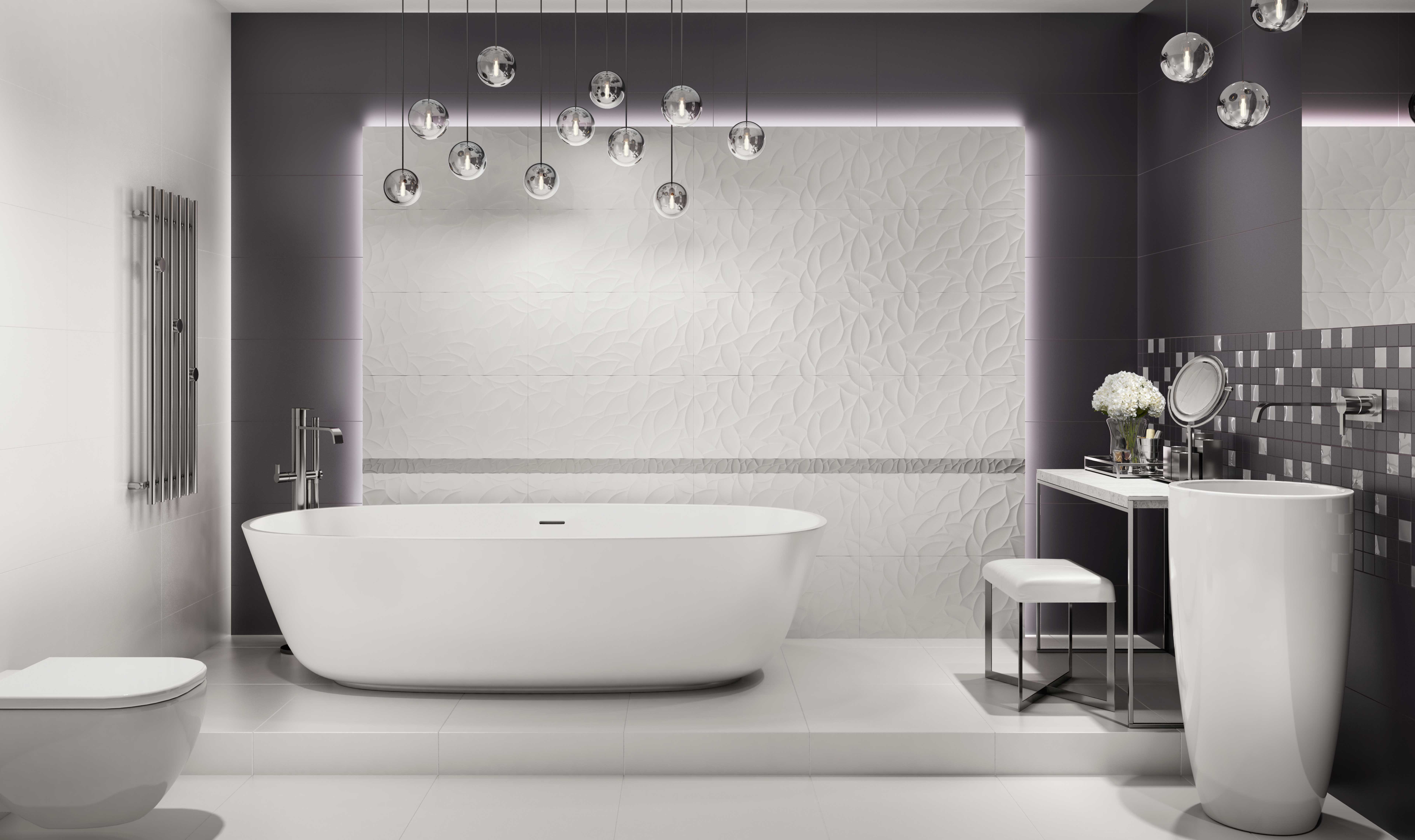 Ванная комната в серых тонах: Серая плитка в ванной с яркими акцентами .