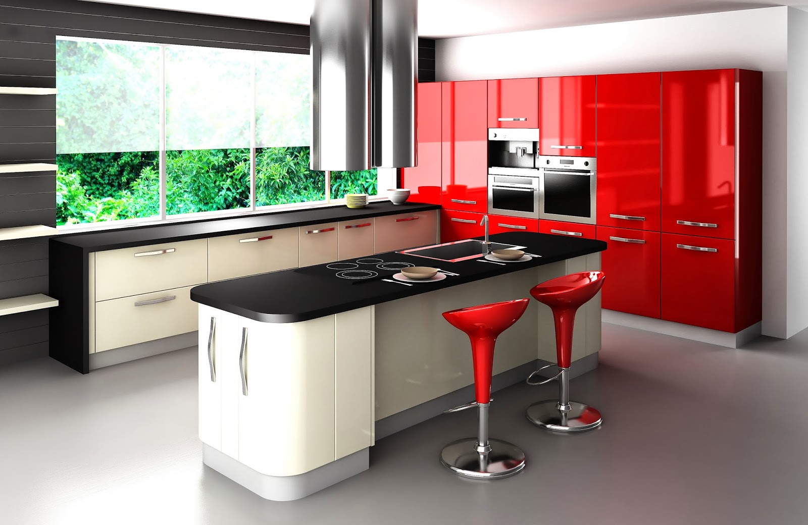 Красный гарнитур и стулья на кухне