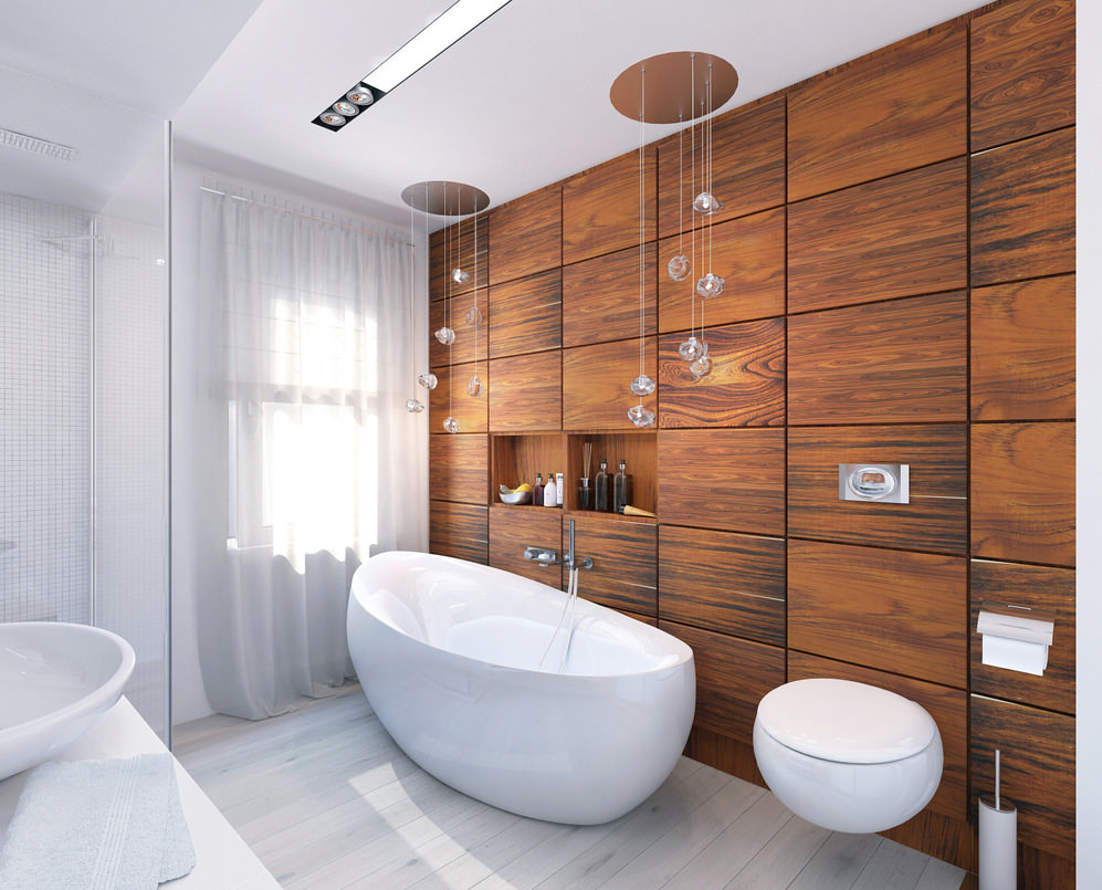 Деревянная стена и белая мозаика в дизайне стен ванной