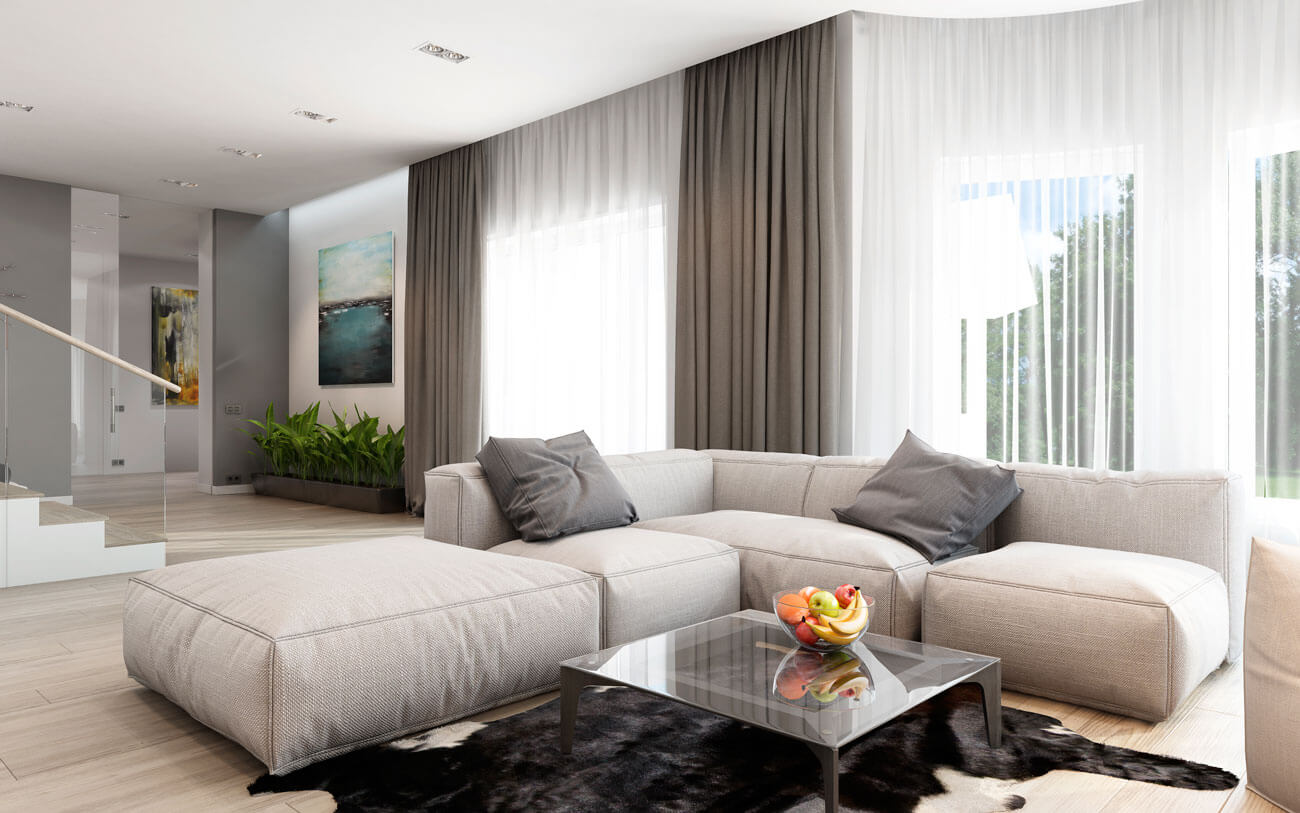 Дизайн гостиной с двумя диванами и телевизором