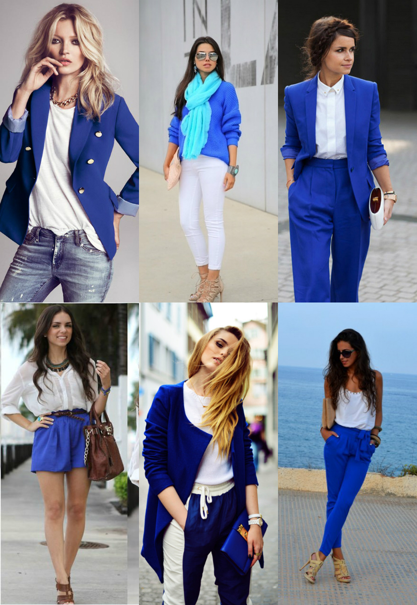 Чем сочетается синий цвет в одежде у женщин