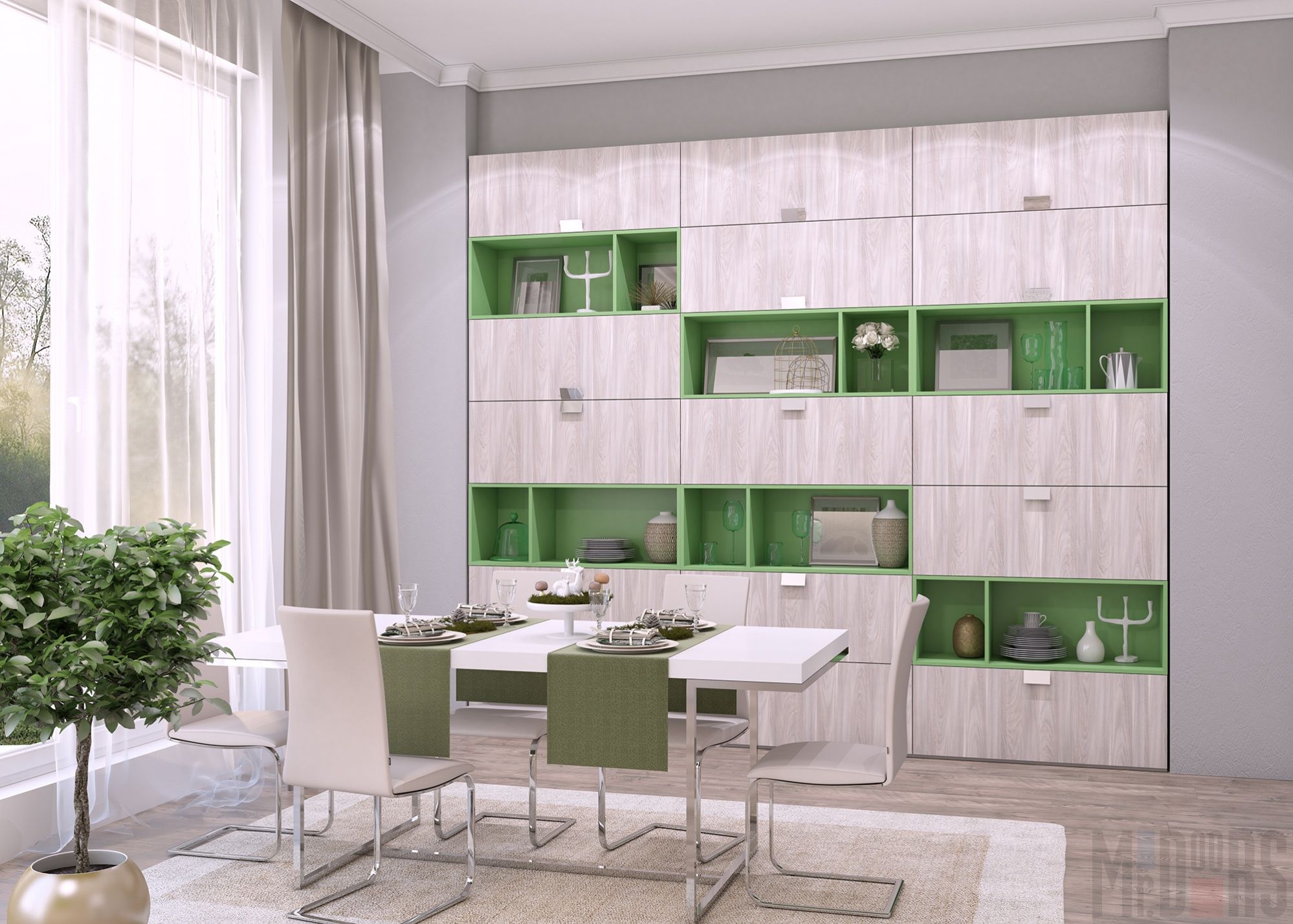 Шкаф с яркими зелеными элементами для столовой-гостиной