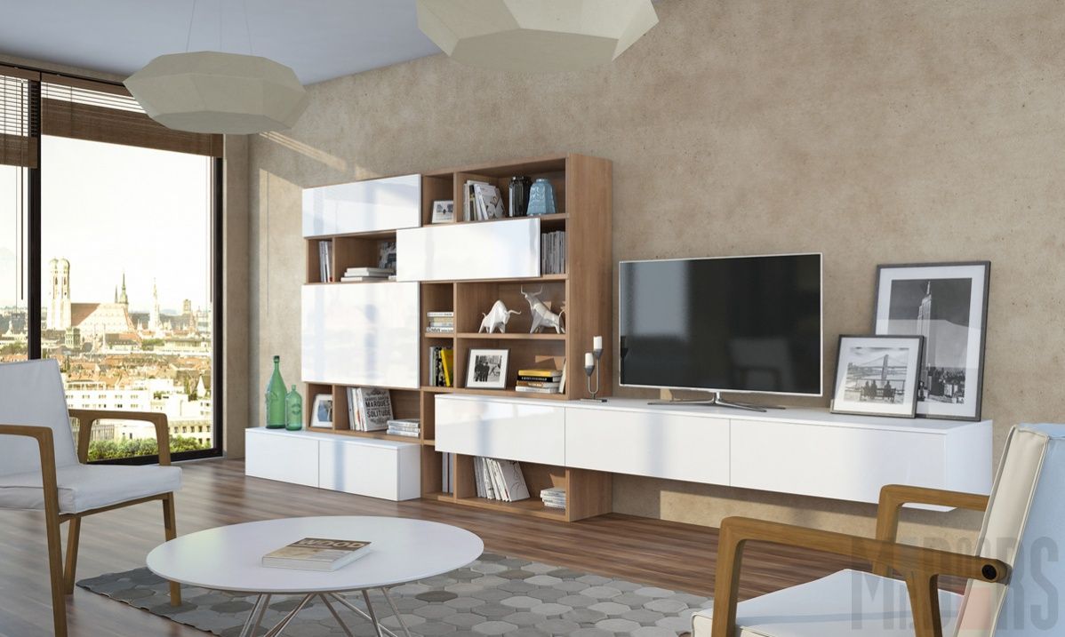 Мебель для гостиной с сочетанием белого цвета и деревянной отделки