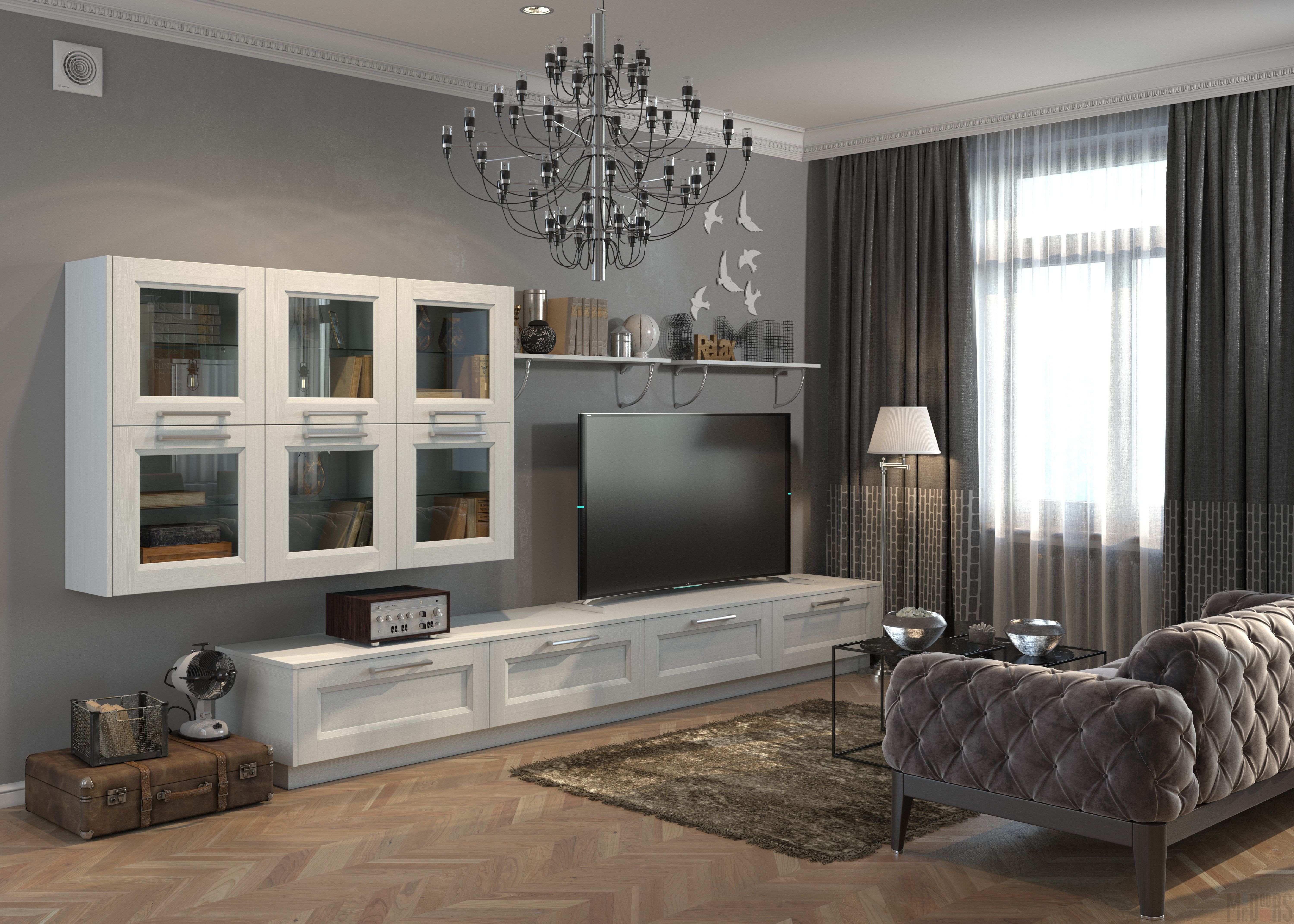 Белая мебель с рамочными фасадами для гостиной