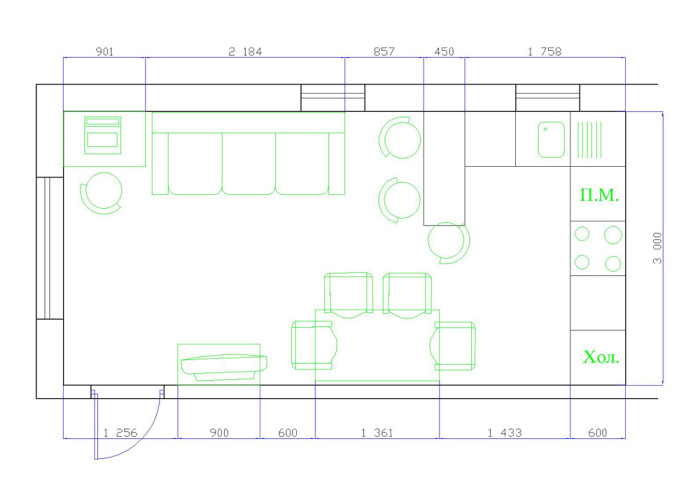 Планировка кухни гостиной чертеж